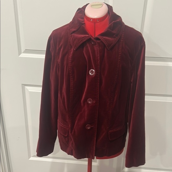 Chico's Red Burgundy Long Sleeve Velvet Like Blazer Coat Size 3 - Picture 1 of 11